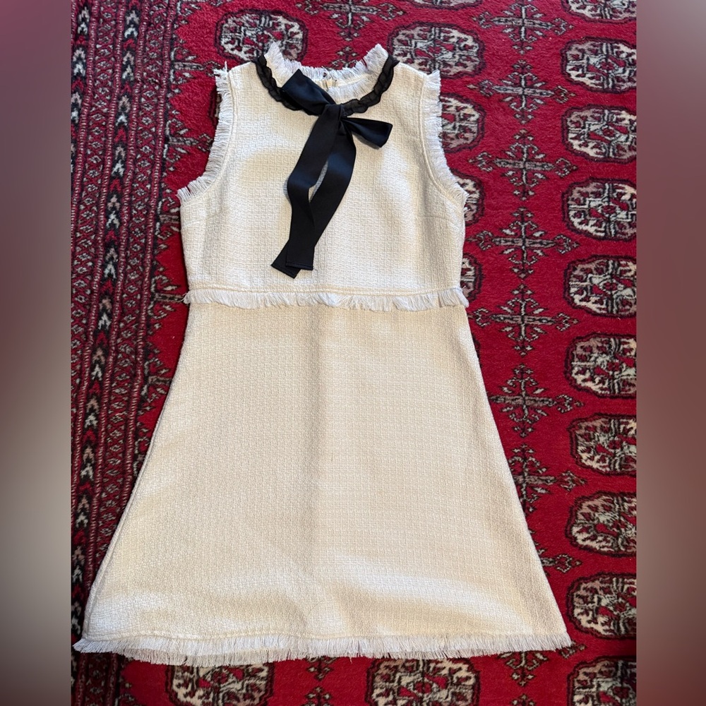 SHEIN Tweed Cream Dress with Black Ribbon Accent